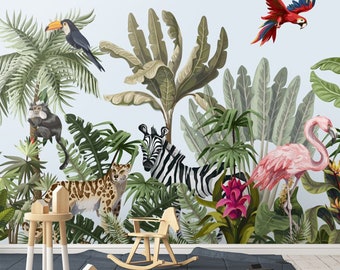Kids Amazon Safari Animals Wallpaper Children's Room Wall Mural Peel and Stick Wall Art Easy Removable Pattern Baby Kids Room