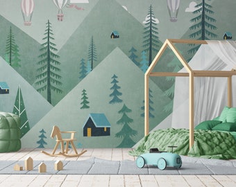 Mountain Kids Wallpaper- Removable Wallpaper Peel and Stick Wallpaper Wall Mural,  WaterColor Boho Wallpaper, Green Kids Room Decor