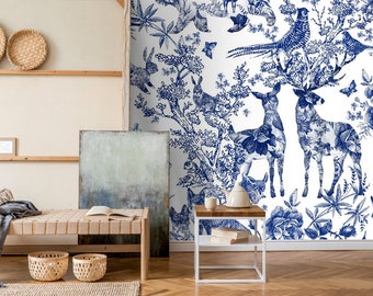 indigo Floral Wallpaper Animals Forest Wall Mural Peel and Stick Wall Art Easy Removable Pattern Wallpaper Botanical Flowers Wall Mural