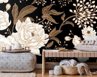 Peonies and Roses Floral Wallpaper Dark Flowers Wall Murals Peel and Stick Wall Art Easy Removable Pattern Flowers Pattern Wall Mural
