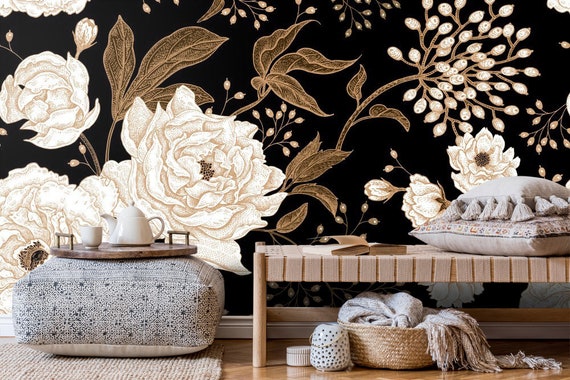 Peonies and Roses Floral Wallpaper Dark Flowers Wall Murals