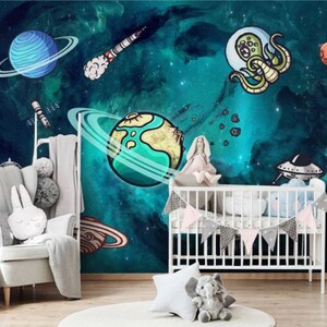 Cartoon Space and Planets Nursery Wall Mural Astronaut Wallpaper Peel and Stick Removable Self Adhesive Kids Wallpaper Child Room Wallpaper