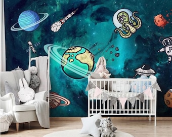 Cartoon Space and Planets Nursery Wall Mural Astronaut Wallpaper Peel and Stick Removable Self Adhesive Kids Wallpaper Child Room Wallpaper