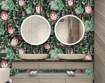 Protea Flowers Wallpaper Botanical Tropical Leaves  Wall Mural Peel and Stick Wall Art Removable Vintage Leaf Wallpaper
