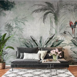 Tropical Soft Color  Wallpaper Palm Trees  Peel and Stick Wall Mural Removable Wallpaper Living Room Decor Style Bedroom  Wall Mural Parrot