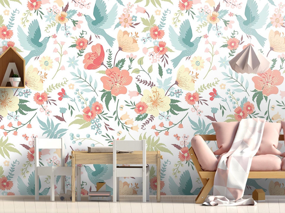 Colorful Floral and Birds Wallpaper Peel and Stick Wall Art - Etsy
