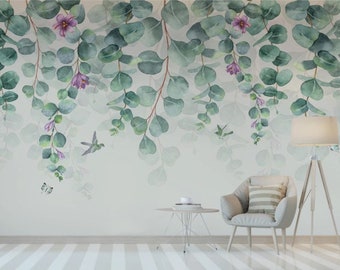 Watercolor Tropical Leaves, Flowers Wallpaper Eucalyptus Wall Mural Peel and Stick Wall Art Easy Removable Vintage  Wallpaper