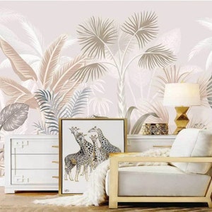 Retro Tropical Plants Flowers Wallpaper Leaves Palm Wall Mural Peel and Stick Wall Art Easy Removable Vintage Watercolor Fllowers Wallpaper