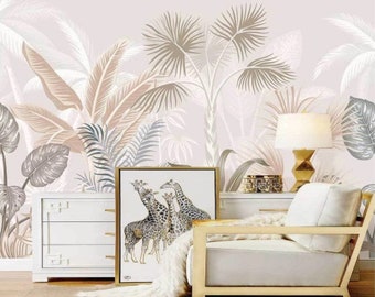 Retro Tropical Plants Flowers Wallpaper Leaves Palm Wall Mural Peel and Stick Wall Art Easy Removable Vintage Watercolor Fllowers Wallpaper
