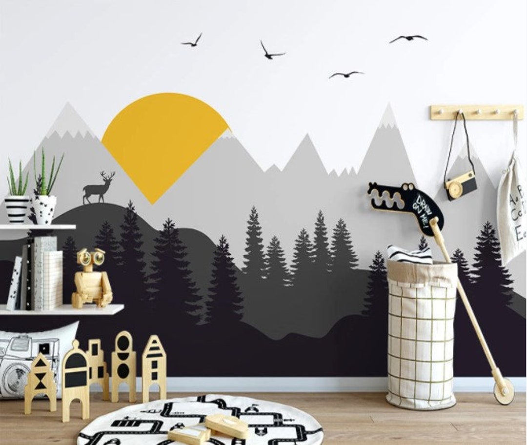 Forest Mountain Nursery Wall Mural Sun and Birds Wallpaper Peel and ...
