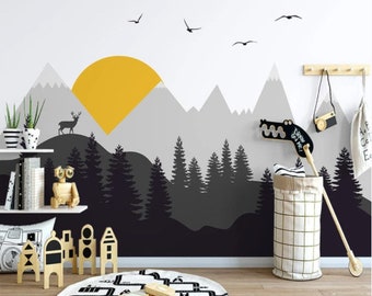 Forest Mountain Nursery Wall Mural Sun and Birds Wallpaper Peel and Stick Easy Removable Self Adhesive Kids Wallpaper Child Room Wallpaper