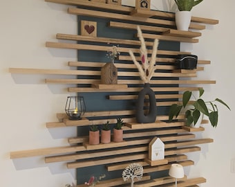 Solid oak wood shelving unit with insert shelves for decoration | Wall shelf by be.massive