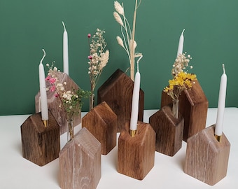 Candle house solid oak wood with test tube for flowers be.massive wooden house decorative table decoration candlestick flower bar spring vase wedding