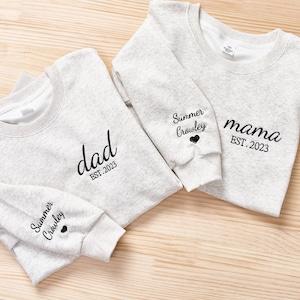 Dad Embroidered Sweatshirt, Custom Dad Shirt With Kids Names, Heart On Sleeve, Daddy Est Year Hoodie, Gift For New Dad, Father's Day Gift image 1