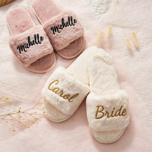 MRS Bride Personalized Bridal Slipper, Custom Name Wedding Gifts, Fluffy Slippers, Custom Bride Gift, Bridal Shower Bachelorette Party Gift