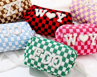 Personalized Checkered Makeup Bag: Monogrammed Canvas Pouch