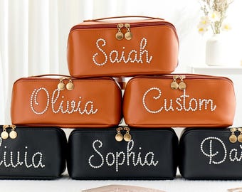 Personalized Vegan Leather Makeup Bag: Embroidered Pearl Cosmetic Organizer