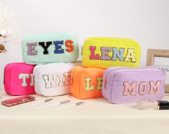 Personalized Nylon Pouch Gift Bags, Custom Personalized Nylon Make Up Bag Pouch, Monogram Chenille Letter Patch Bag, Custom Bridesmaid Bags