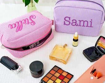 Personalisierte Seersucker Make-up Tasche: Bestickte Kosmetiktasche