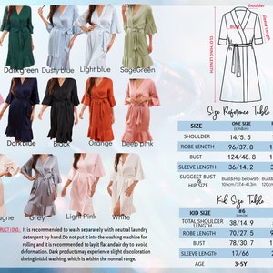 May include: Size chart for a satin robe with various colors, including pastel pink, dark green, dusty blue, light blue, sage green, skin pink, dark blue, black, orange, and deep pink. The chart includes measurements for shoulder, robe length, bust, sleeve length, and suggested bust and hip size. It also includes a size chart for children's robes with measurements for total shoulder length, robe length, bust, sleeve length, and age.