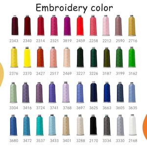 Puede incluir: Una tabla de carretes de hilo de bordar con muestras de color y n&uacute;meros correspondientes. Los colores incluyen rojo, rosa, amarillo, verde, azul, morado y gris.