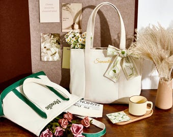 Bolso tote personalizado con cintas gratis, bolso tote de lona personalizado para niñas, bolso de compras, bolso tote bordado para damas de honor, fiesta nupcial, LOGO personalizado