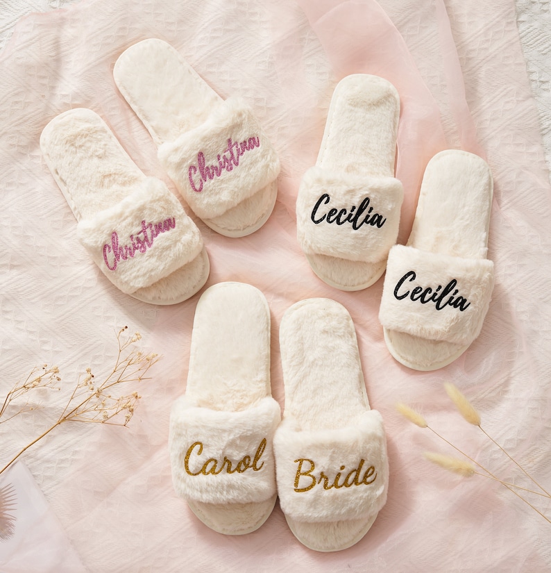 Personalized Gift Fluffy Slippers, Fluffy Bride Bridesmaid Slippers, Bachelorette Party, Bridesmaid Gifts Proposal, Bridesmaid Slippers image 1