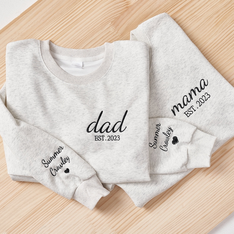 Dad Embroidered Sweatshirt, Custom Dad Shirt With Kids Names, Heart On Sleeve, Daddy Est Year Hoodie, Gift For New Dad, Father's Day Gift image 6