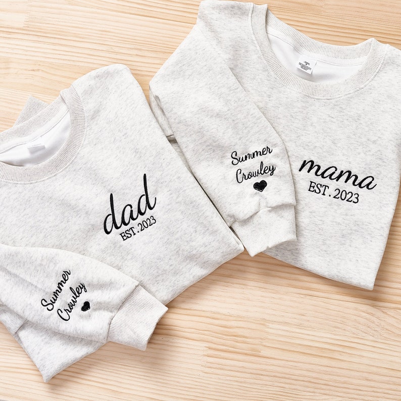 Dad Embroidered Sweatshirt, Custom Dad Shirt With Kids Names, Heart On Sleeve, Daddy Est Year Hoodie, Gift For New Dad, Father's Day Gift image 1