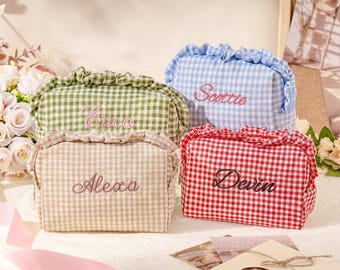 Custom Embroidered Gingham Makeup Bag, Ruffled Cosmetic Pouch, Personalized Travel Toiletry Bag,Cosmetic Bag,Bridesmaid Gift,Gift for her