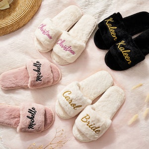 MRS Bride Personalized Bridal Slipper, Custom Name Wedding Gifts, Fluffy Slippers, Honeymoon Gifts, Bachelorette party Gifts, Mother gifts