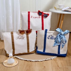 Puede incluir: Tres bolsas de lona blancas con bordado personalizado. Las bolsas tienen asas rojas, marrones y azules. Las bolsas est&aacute;n sobre un suelo de madera con una alfombra tejida.