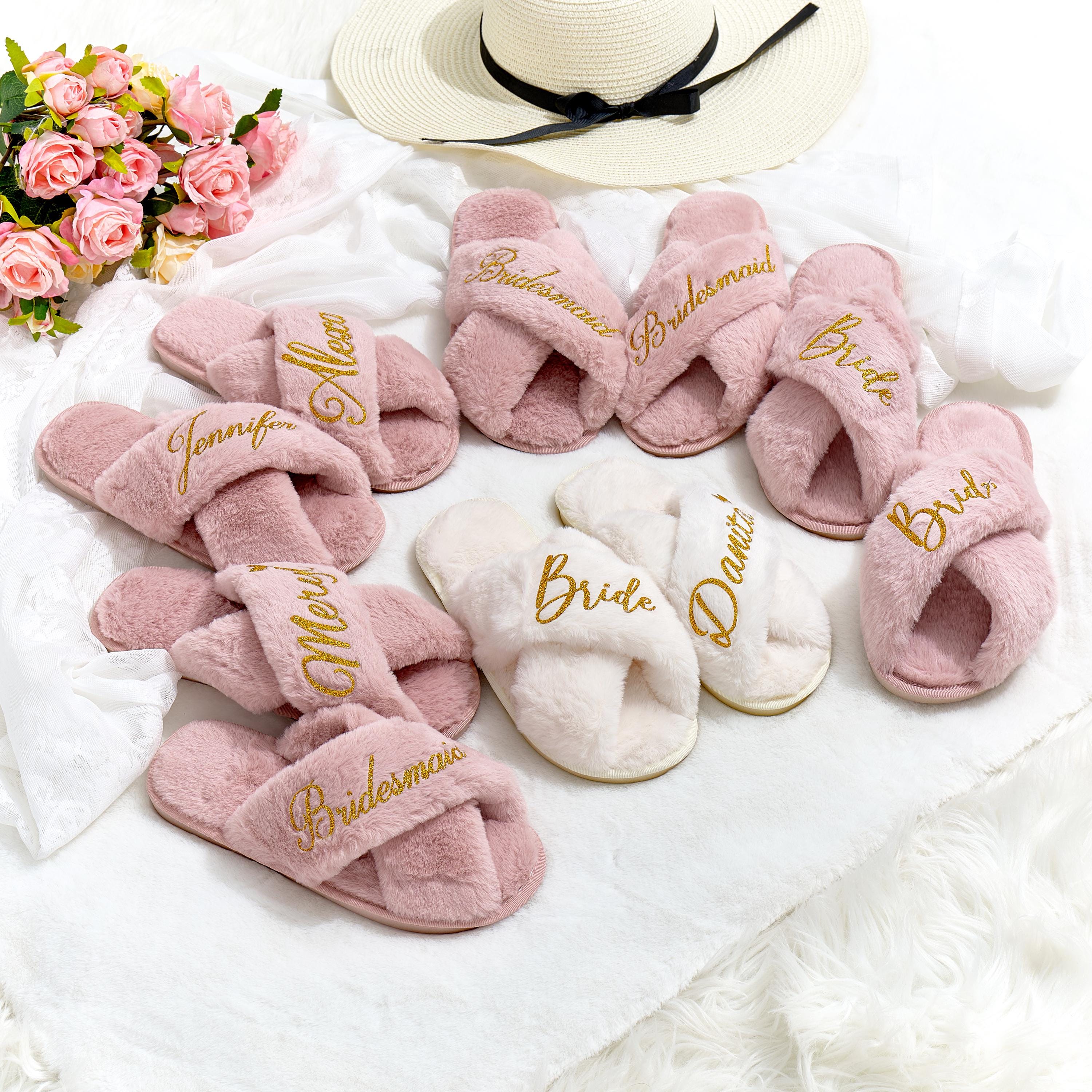Fluffy Bride Bridesmaid Slippers, Bachelorette Party, Bridesmaid Gifts Proposal, Personalized Soft House Slippers, Bachelorette Party Gift