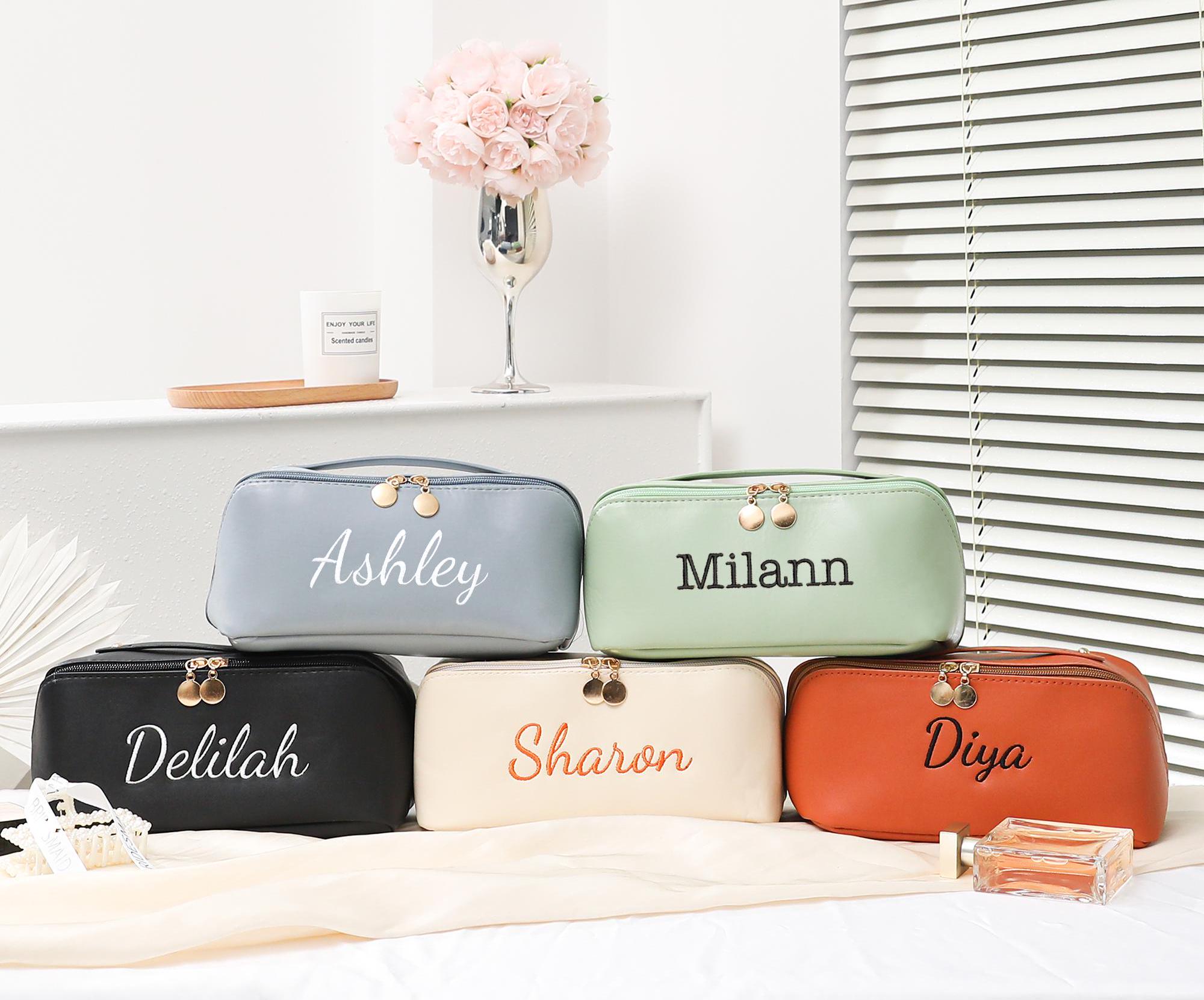 Custom Makeup Bag, Embroidered Leather Makeup Bag, Personalize Wedding Bridesmaid Pouch, Christmas Gift Women, Bridesmaid Gifts,Gift for Her