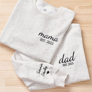 Custom Embroidered Sweatshirt, Name On Sleeve With Heart, Mama Shirt With Date, Daddy Est Year Shirt, Gift For New Dad, Father's Day Gift image 5