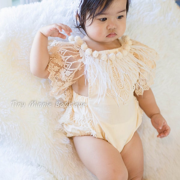 Boho Feather Pom Pom Baby Girl Romper, First Birthday Outfit Girl, Cake Smash baby girl Outfit, Sitter romper photo, photo props