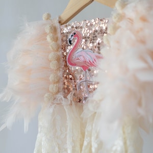 Flamingo Sequin baby girl romper, Cake Smash boho feather outfit, First Birthday Outfit Girl, Sitter romper photography, Flower girl dress