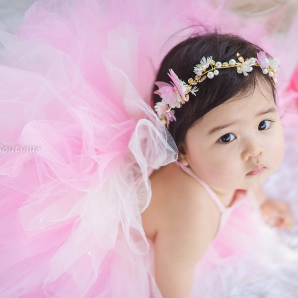 Butterfly Crown Headband Baby, Butterfly Garden Crown, Gold Flower Wreath, Fairy Butterflies Headband