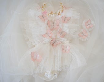 Boho Off White Butterflies Romper, First Birthday Outfit Baby Girl, Cake Smash Outfit, Photo prop, Sitter romper photography