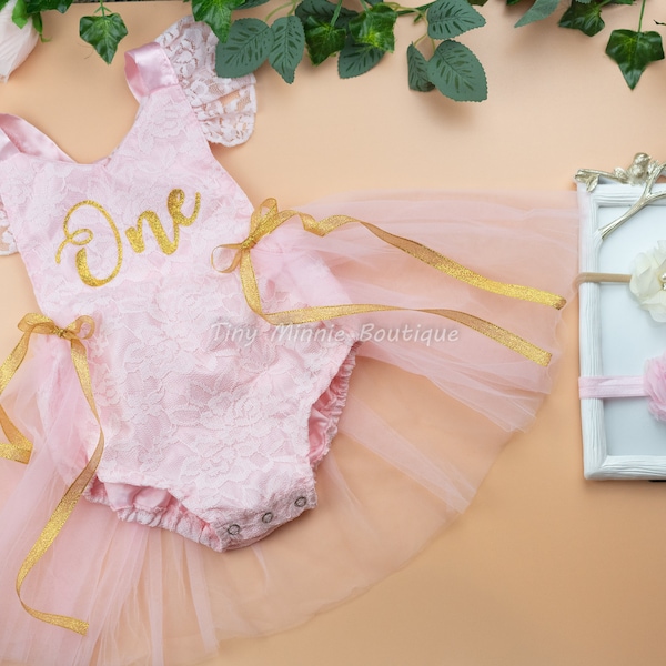 Pink Lace Cake Smash Tutu Romper for 1st Birthday Photo Shoots, First Birthday Baby Girl Pink Romper, Princess Boho Romper