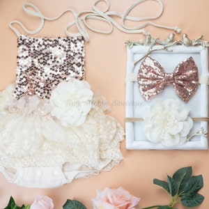 Boho Rose Gold Sequin and Lace Baby Romper, Cake smash outfit girl, Photo Prop Romper, Sitter baby girl outfit, Flower girl romper