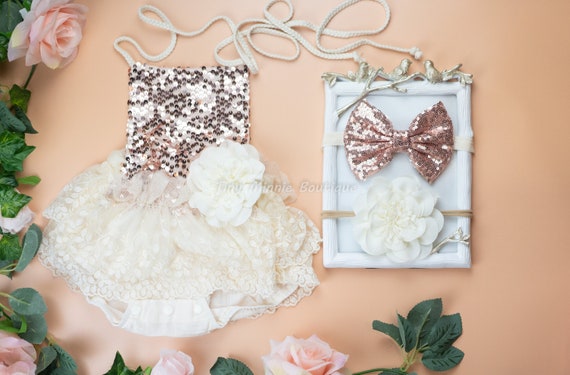 Boho Rose Gold Sequin and Lace Baby Romper, Cake Smash Outfit Girl, Photo  Prop Romper, Sitter Baby Girl Outfit, Flower Girl Romper - Etsy