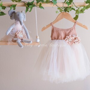 May include: A blush pink tulle dress with a brown bodice and a flower embellishment. The dress is hanging on a wooden hanger. The text "Tiny Minnie Boutique" is visible in the image.