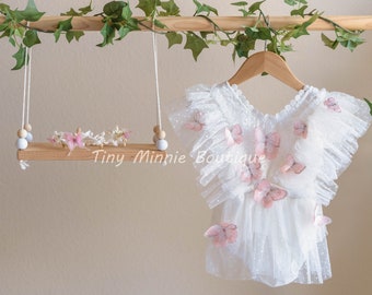 Boho Off White Butterflies Romper, First Birthday Outfit Baby Girl, Cake Smash Outfit, Photo prop, Sitter romper photography