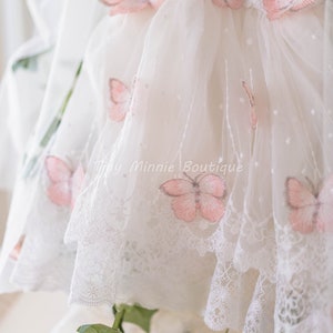 May include: White tulle dress with pink butterfly embroidery and a white lace trim. The dress has a dotted pattern and the text "Tiny Minnie Boutique" is visible.