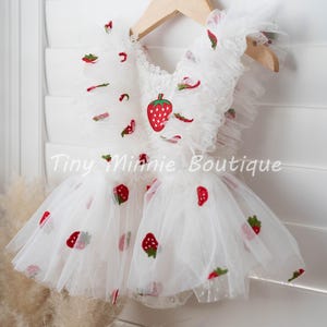 Strawberry Baby White Tutu Romper, Cake Smash Outfit, First Birthday Romper, Half Birthday Girl, Strawberry Photo Prop,  Berry Toddler Dress