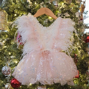 Snowflake White Pink Baby Dress,  Winter Wonderland Baby, Snow Dress, Feather Dress, Cakes mash Baby Outfits, 1st Birthday Girl