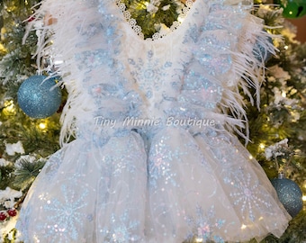 Snowflake White Blue Baby Dress, Blue Christmas Romper, Winter