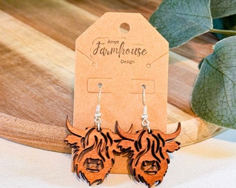 Wooden Highland Cow Earrings