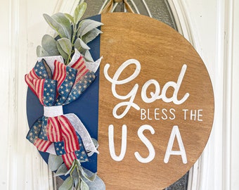 God Bless the USA Patriotic Front Door Round Sign
